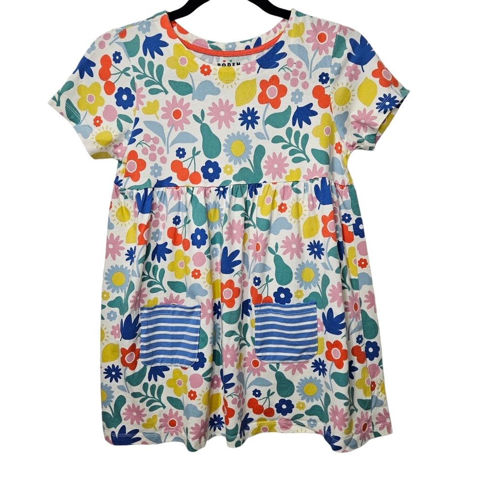 Mini Boden Dress Girls 11-12 Floral Striped Pockets Spring Summer
